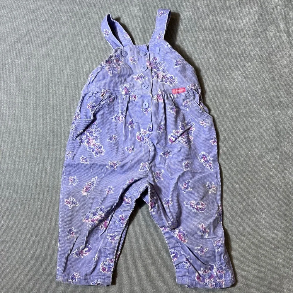 Vintage OshKosh Bgosh Girls Lavender Floral Corduroy Overalls Made in USA 24M